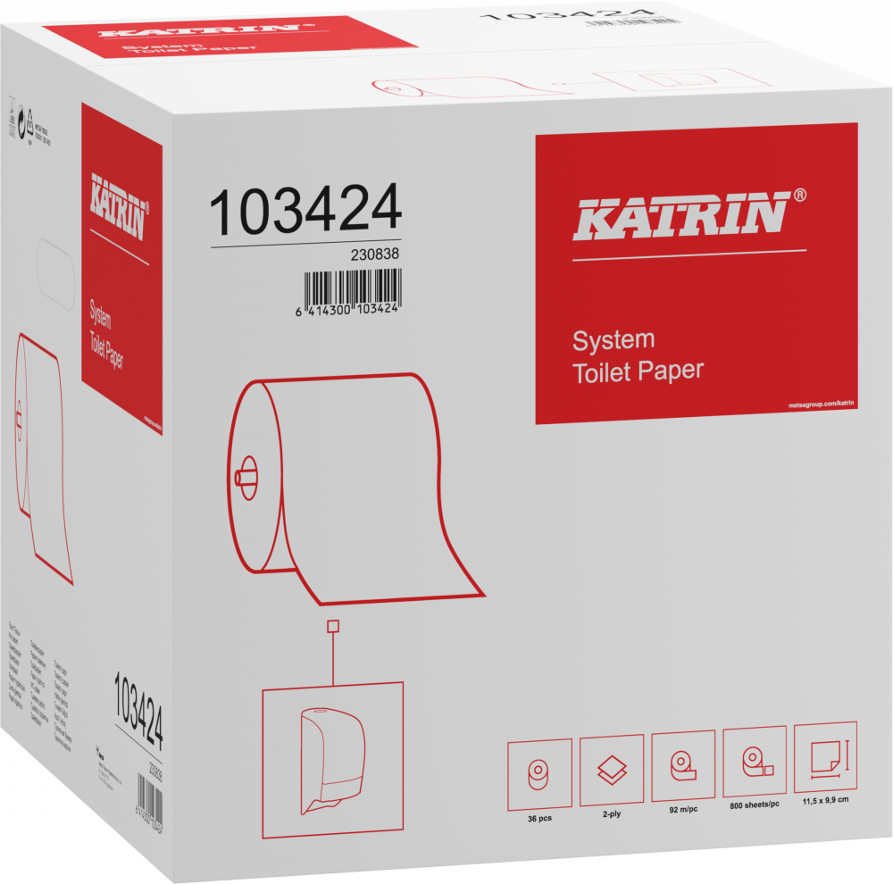 36x Papier toaletowy Katrin Classic System Toilet ECO 103424, 2-warstwowy, 9.9cmx92m, 1 rolka, biały