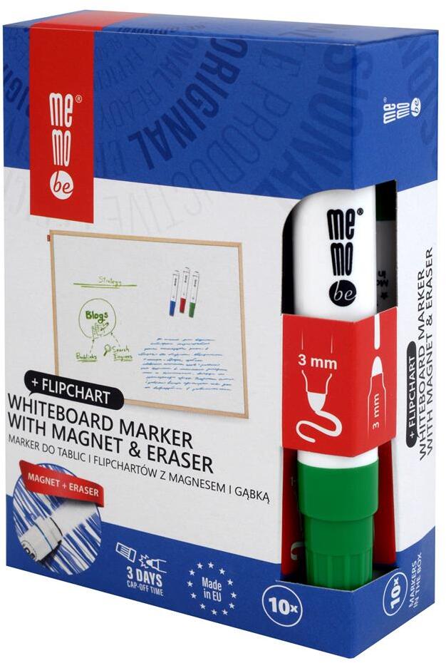10x Marker suchościeralny/do flipchartów MemoBe MM351, z magnesem i gąbką, okrągła, 1-3mm, zielony