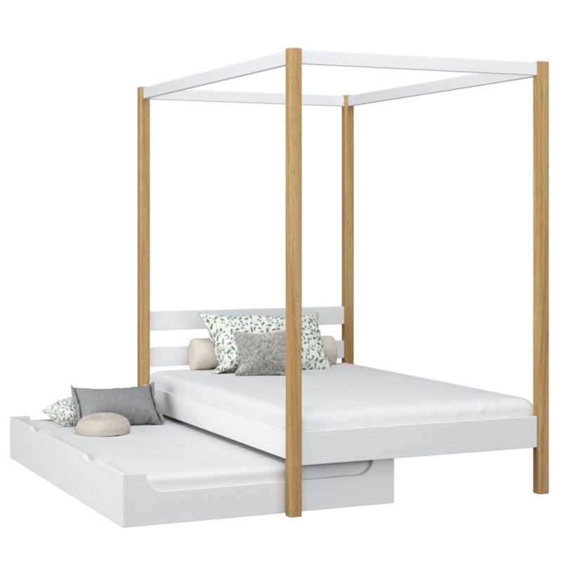 Drewniane łóżko N-WOOD pojedyncze z baldachimem i szufladą na dodatkowy materac N01 biało dębowy 90x180 1szt.