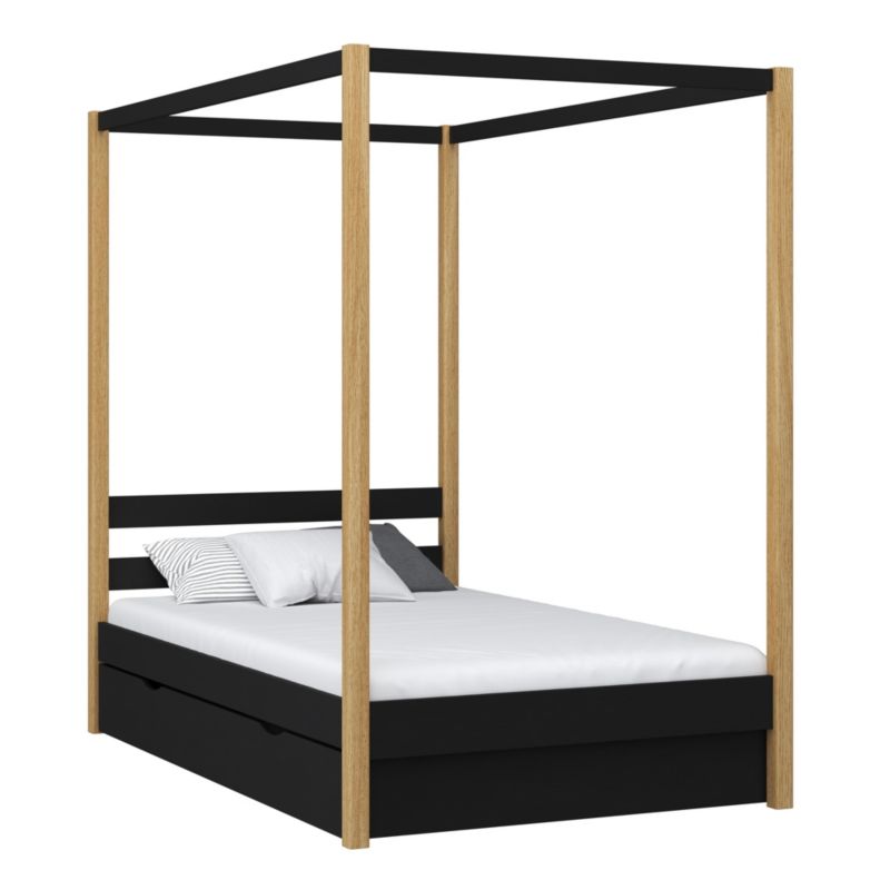 Drewniane łóżko N-WOOD pojedyncze z baldachimem i szufladą N01 czarno dębowy 120x190 1szt.