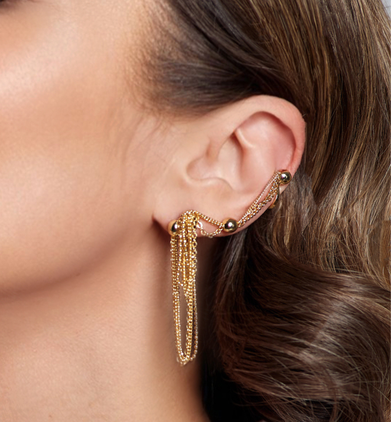 Kolczyki z nausznicą złoty Yazmin - By Dziubeka