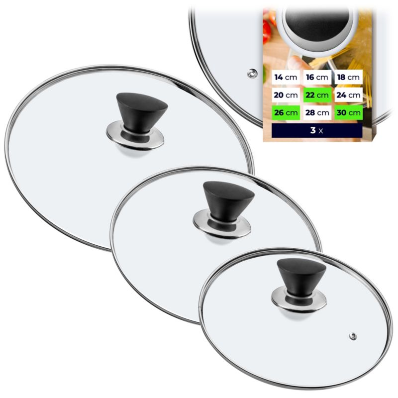 Pokrywka KADAX Szklana 22 + 26 + 30 cm Zestaw Pokrywek z Czarnym Uchwytem 3 szt.
