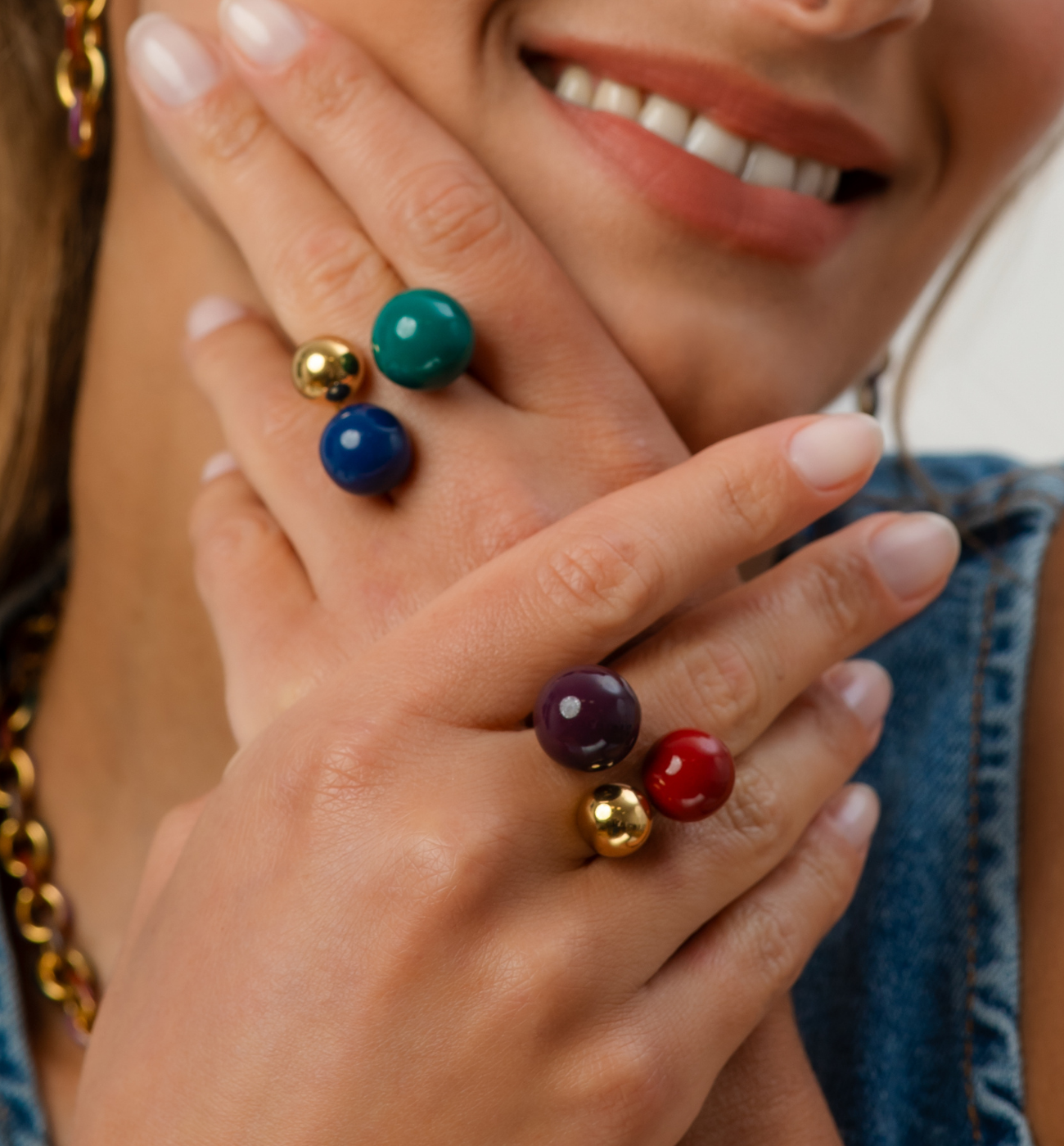 Pierścionek z kulkami emaliowany zielono niebieski PSA1043