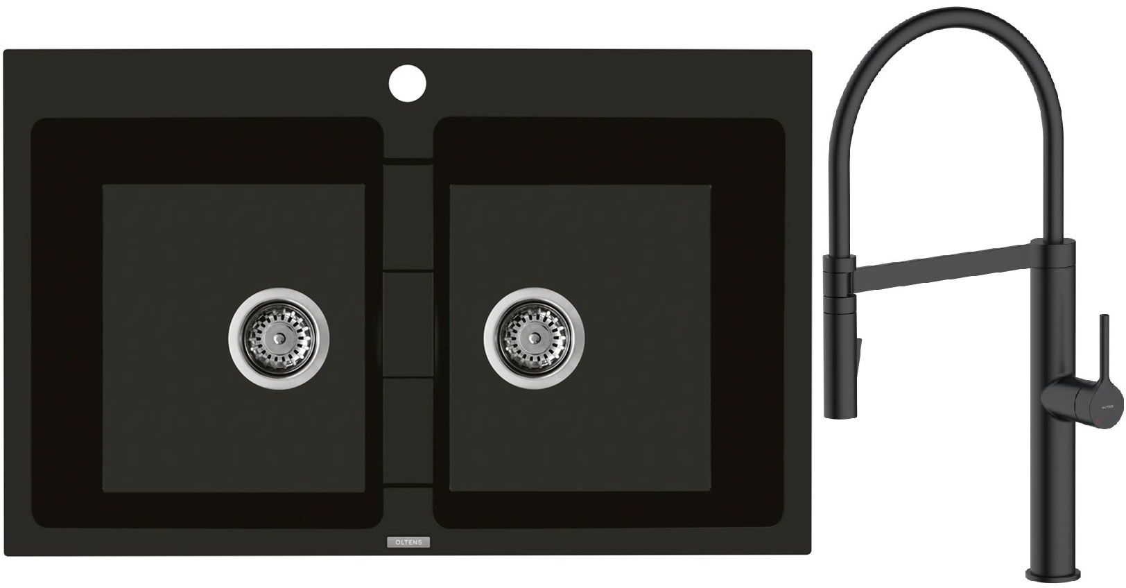 Zestaw Oltens Gravan zlewozmywak granitowy 2-komorowy 78x50 cm z baterią kuchenną Borga czarny mat (72400300, 35207300) - Wysyłka w 24h
