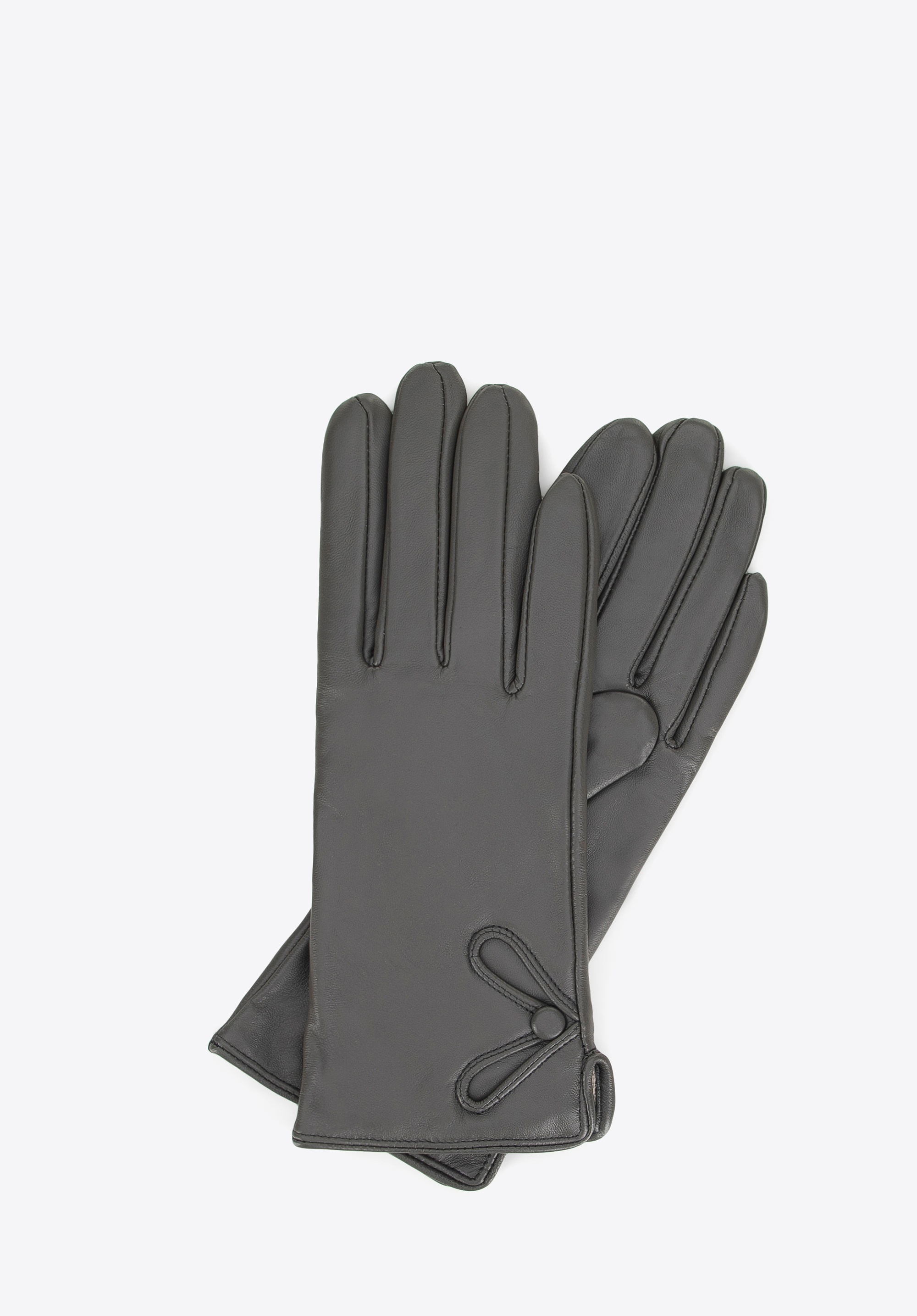 Damskie rękawiczki skórzane z ozdobnym guzikiem szare