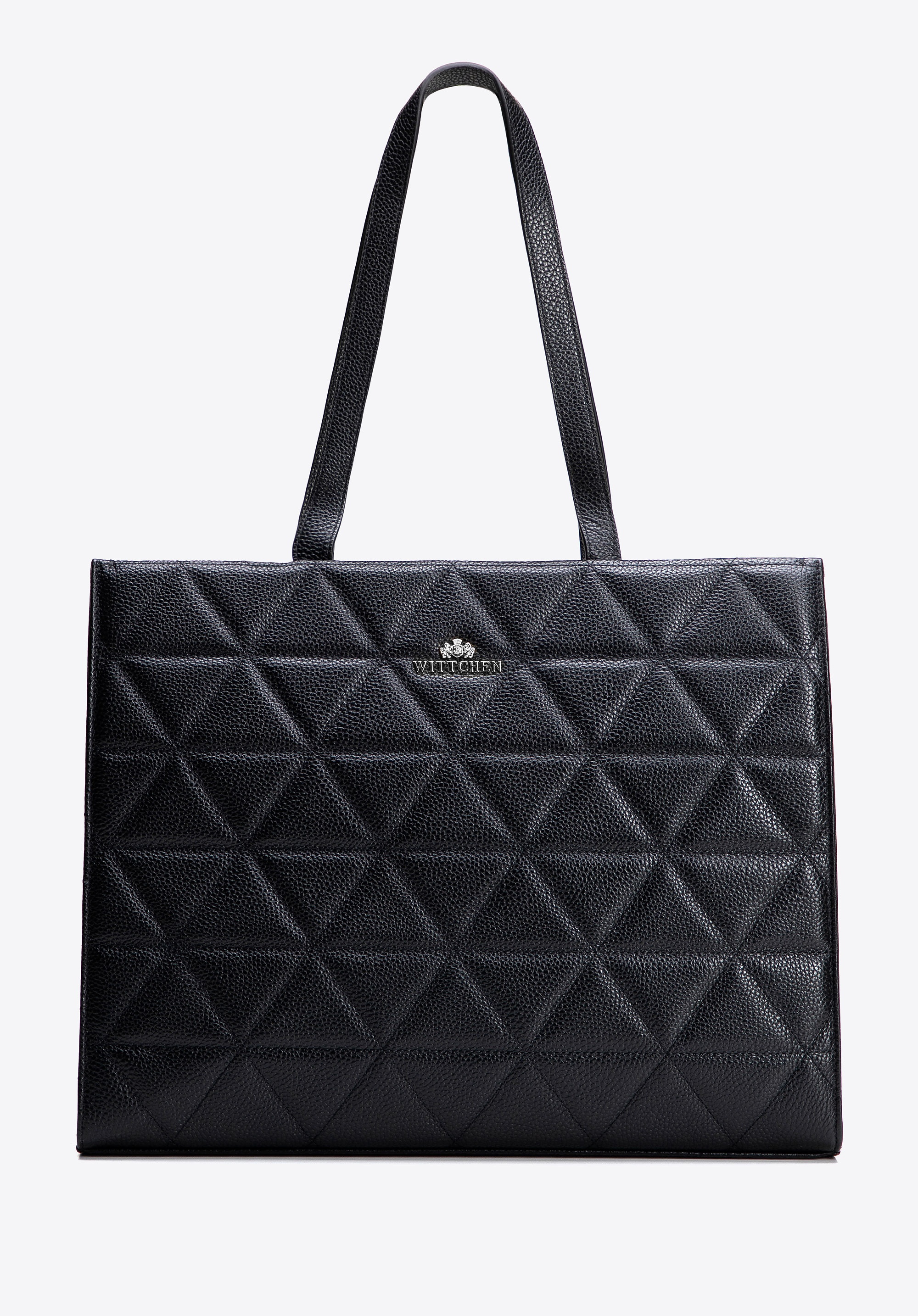 Damska shopperka ze skóry w geometryczne przeszycia czarno - srebrna