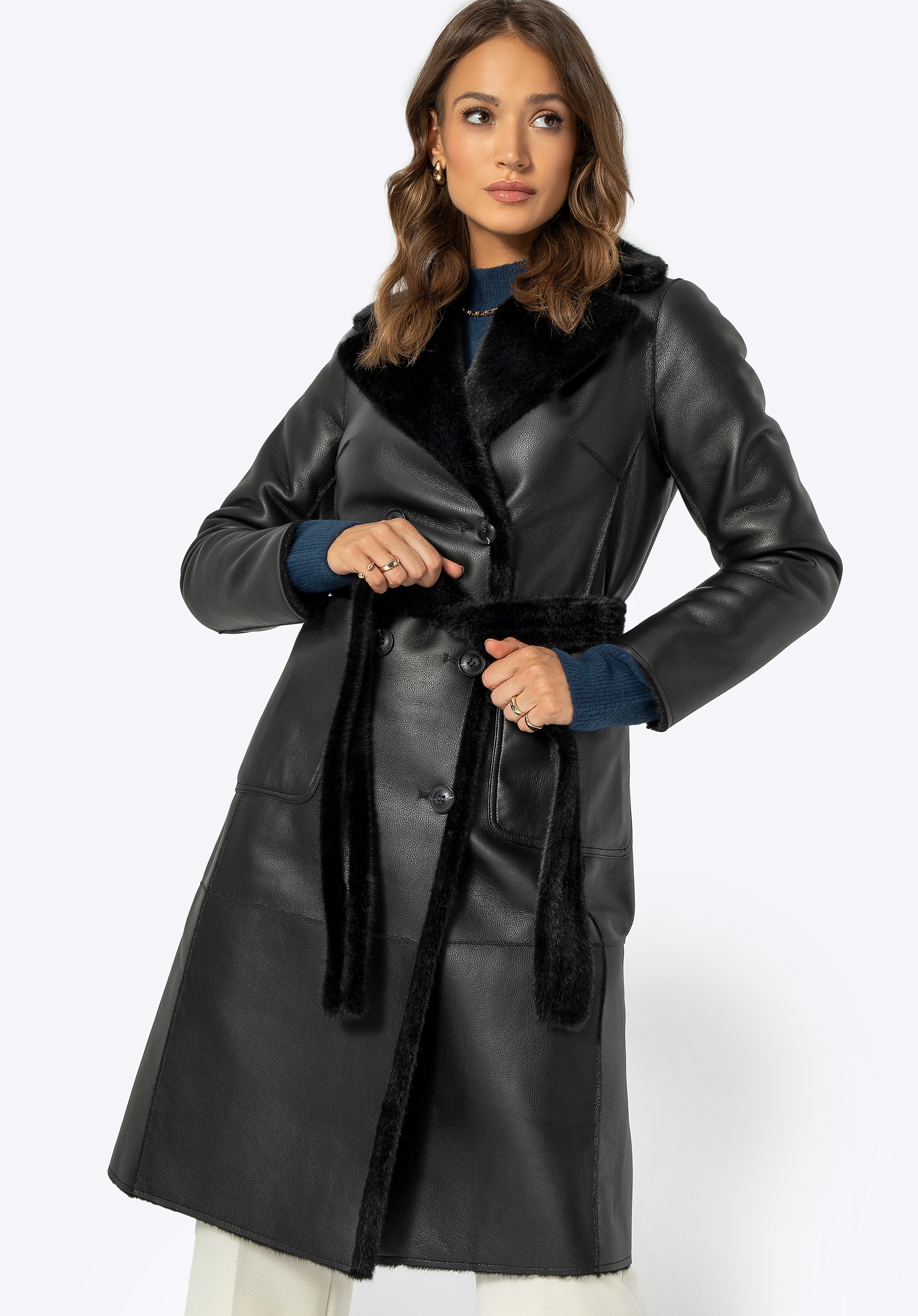 Damski płaszcz z wiązaniem dwustronny czarny