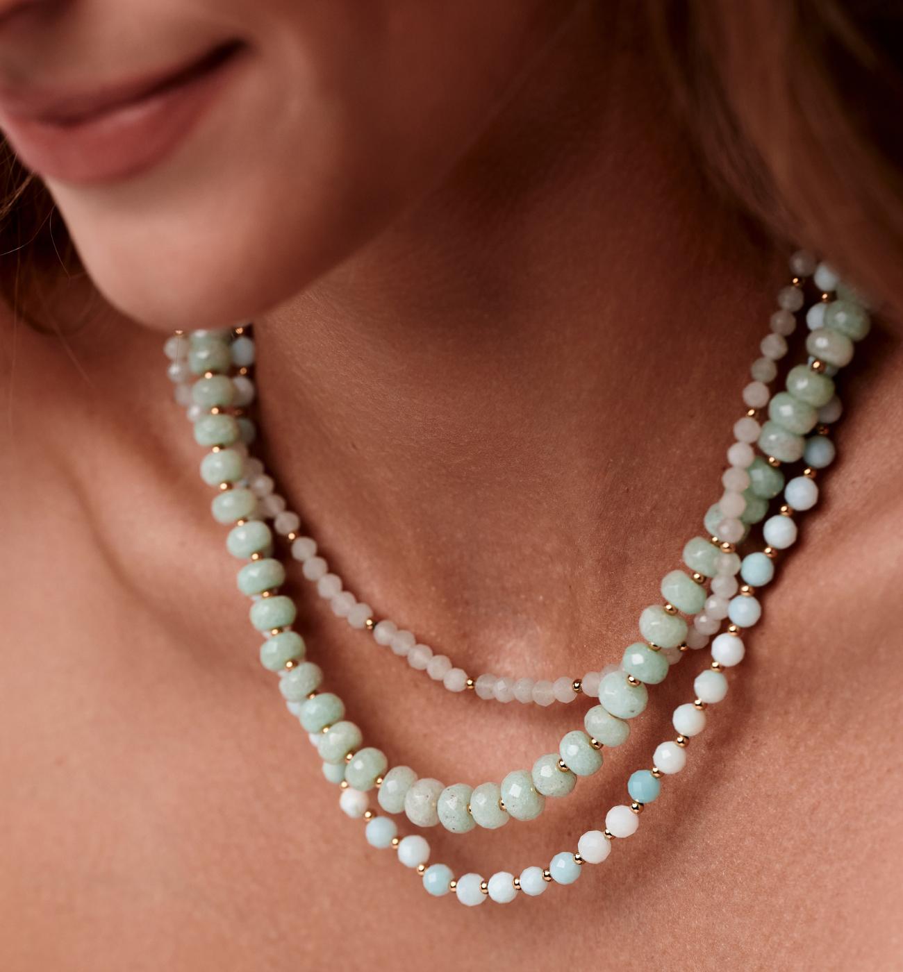 Zestaw trzech naszyjników z kamieni naturalnych w odcieniach mięty i błękitu ZN0208 - By Dziubeka