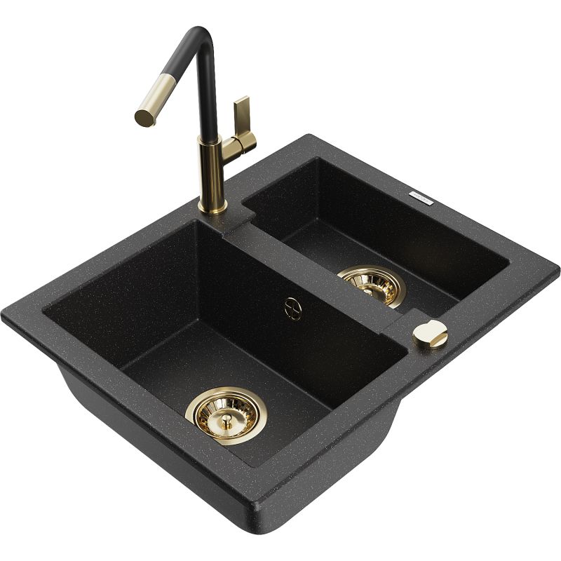 Zlewozmywak granitowy 1.5-komorowy Mexen Carlos z baterią kuchenną Flora czarny/srebrny metalik 6518-73-670401-57-G