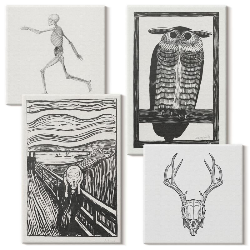 Kolekcja Obrazów Na Płótnie Wallfluent Krzyk czaszka sowa grafika 4 szt.