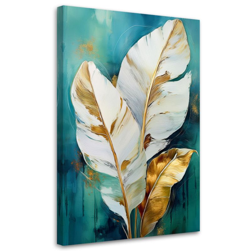 Obraz na płótnie Feeby Liście biało złote na turkusowym tle 60x90cm 1szt