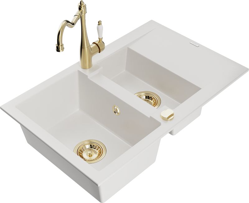 Zlewozmywak granitowy Mexen Gaspar 1,5-komorowy z ociekaczem i baterią kuchenną Carla biały 6507-20-670700-50