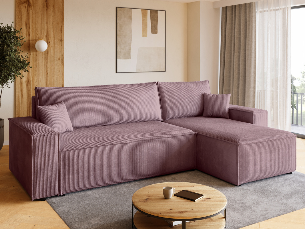 Różowy narożnik sztruksowy z pojemnikiem na pościel ADI