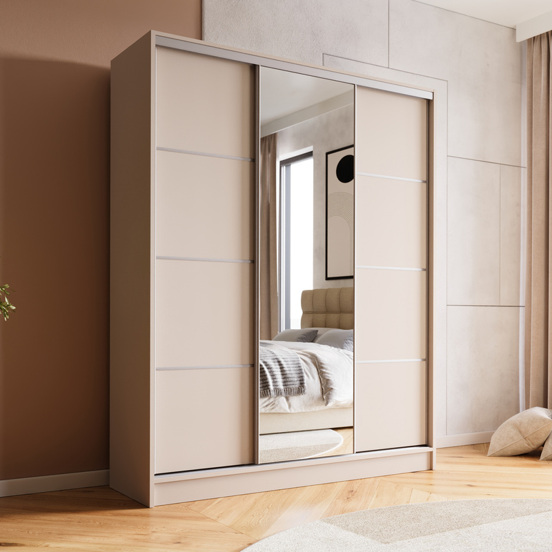 Kaszmirowa szafa przesuwna z lustrem 150 cm BEST półki szuflady