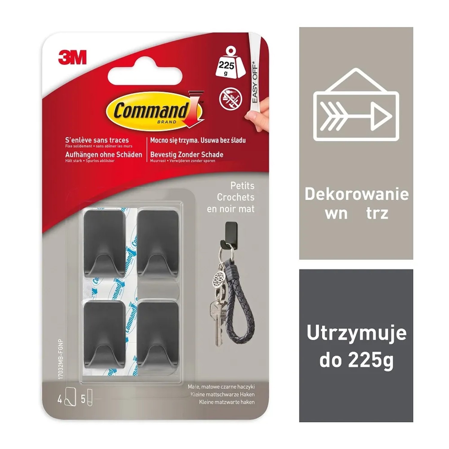3M Command Małe haczyki dekoracyjne, matowa czerń, do 225 g 4 szt.