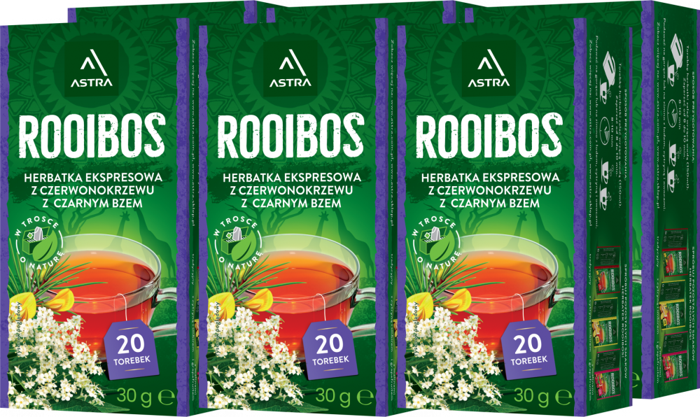 6x Herbata Rooibos w torebkach Astra, czarny bez, 20 sztuk x 1.5g
