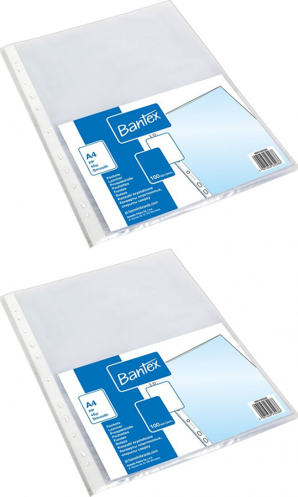 2x Koszulki krystaliczne Bantex, A4, 45μm, 100 sztuk, transparentny