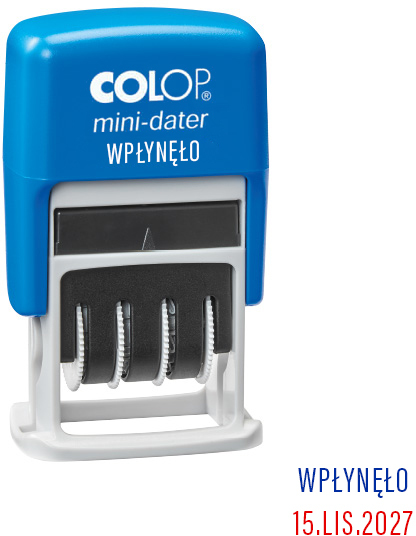 Datownik Colop Mini S160, z hasłem "WPŁYNĘŁO", wersja polska, wkład niebiesko-czerwony
