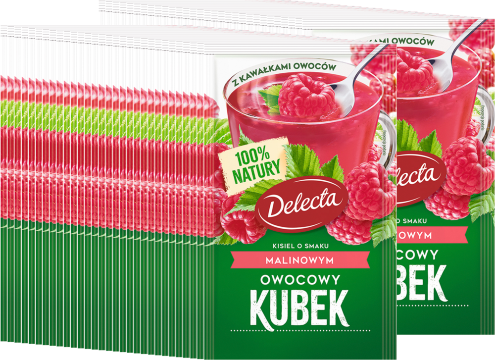 60x Kisiel Delecta Owocowy Kubek z kawałkami owoców, malinowy, 30g