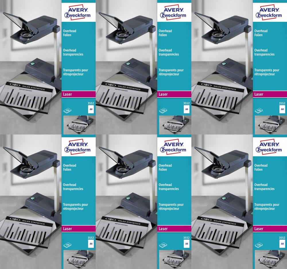 6x Folia do rzutnika Avery Zweckform, do czarno-białych drukarek laserowych i kopiarek, A4, 100 arkuszy, przezroczysty