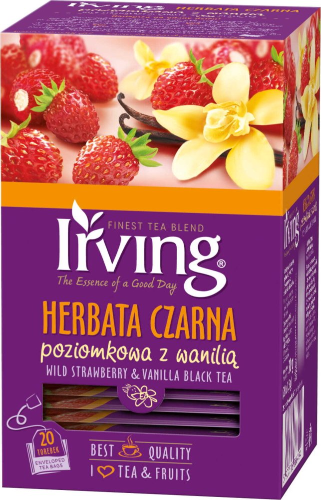Herbata czarna aromatyzowana w kopertach Irving, poziomka z wanilią, 20 sztuk x 1.5g