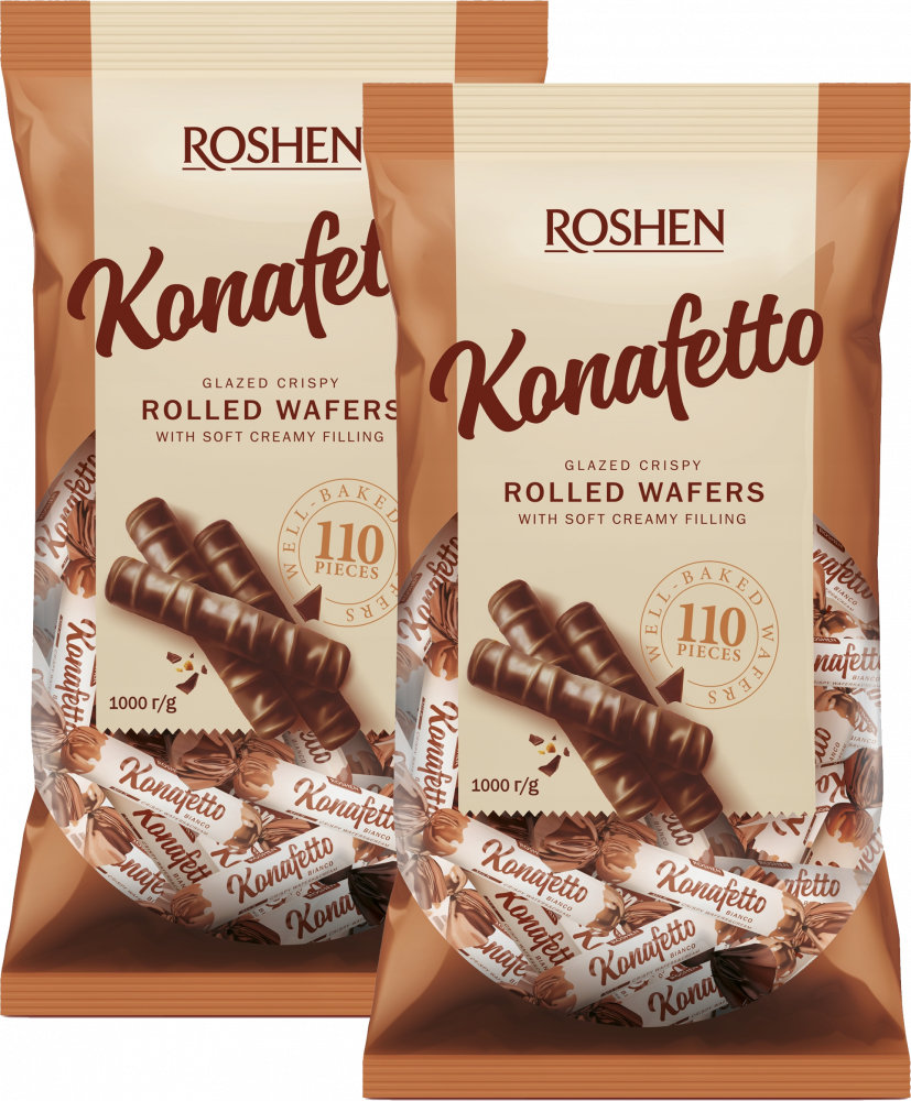 2x Cukierki Roshen Konafetto Bianco, rurki waflowe z mlecznym nadzieniem, w polewie kakaowej, 1kg