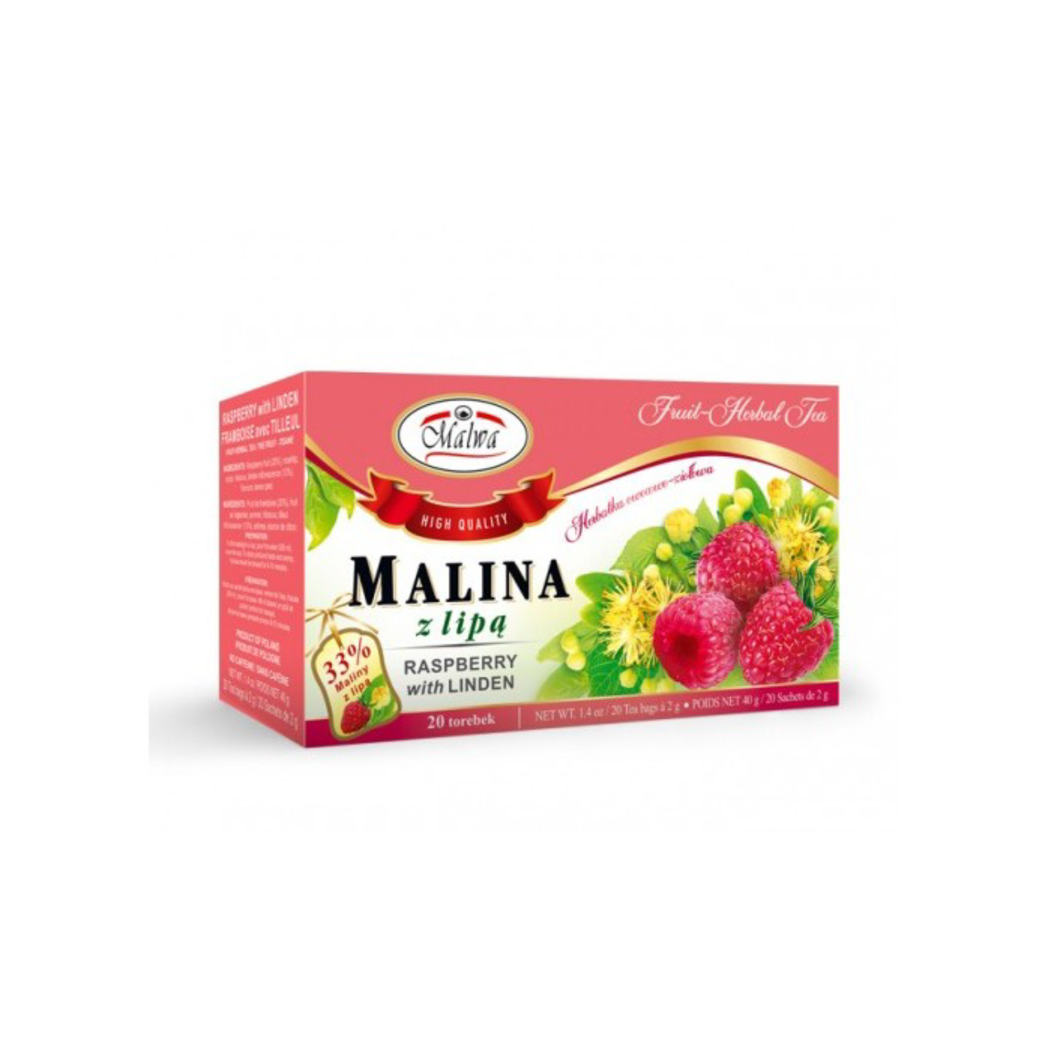 Malwa - herbatka ziołowo-owocowa, malina z lipą, 20 saszetek