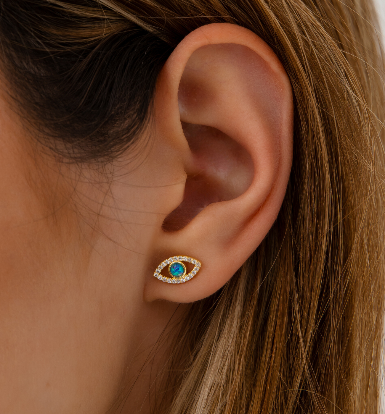 Kolczyki złote z okiem i błękitnym opalem KCA0032