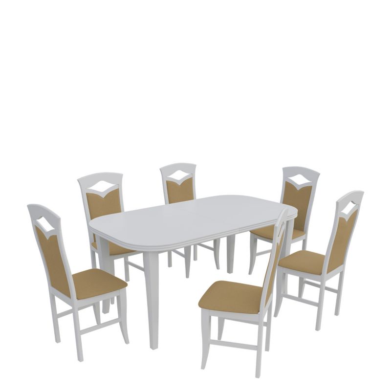 Zestaw RO04 MIRJAN 24 Stół rozkładany S02 90x160/240 + 6 krzeseł K53 biały + piaskowy 1 kpl.
