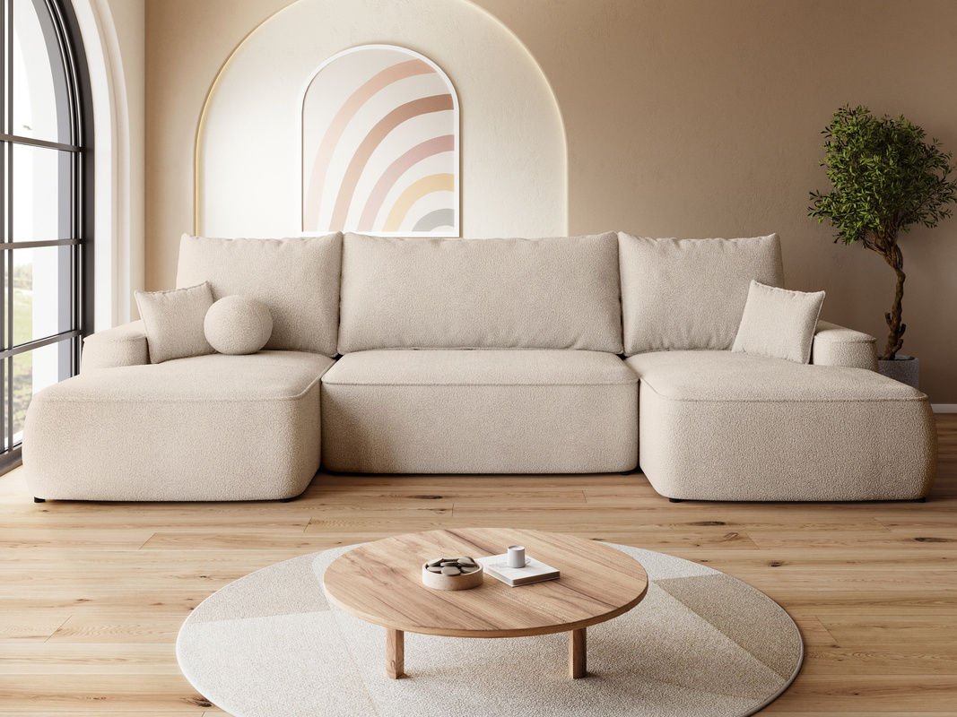 Narożnik z funkcją spania do salonu boucle CARMELLO U beż