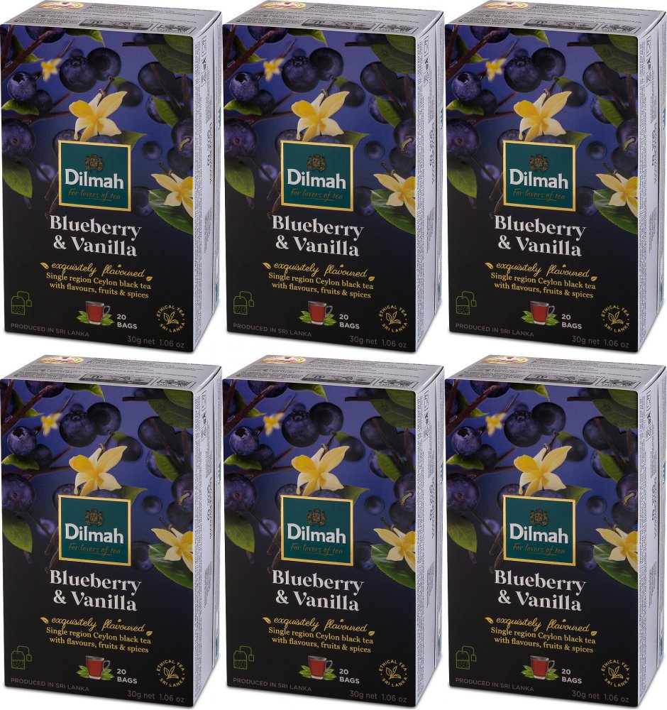 6x Herbata czarna aromatyzowana w torebkach Dilmah, jagoda i wanilia, 20 sztuk x 1.5g