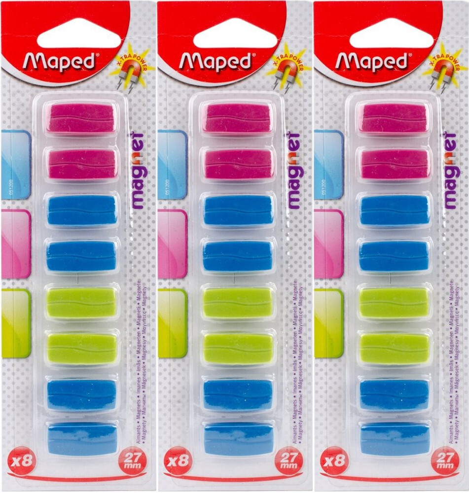 3x Magnesy prostokątne Maped, 27mm, 8 sztuk, mix kolorów