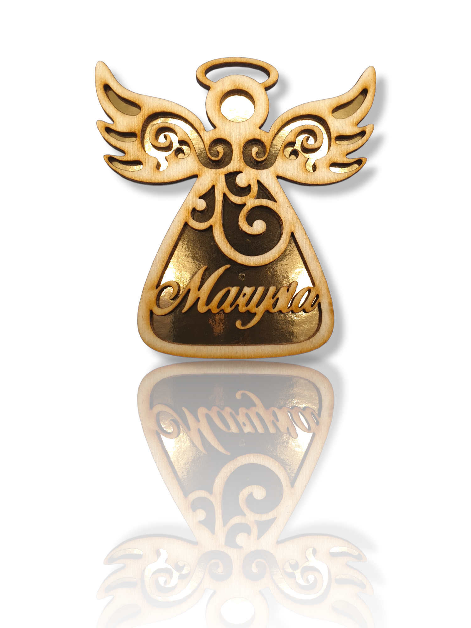 Bombka Imię - aniołek na choinkę, Złota zawieszka ażurowa z Logiem Firmowym, ozdoba na Boże Narodzenie prezent