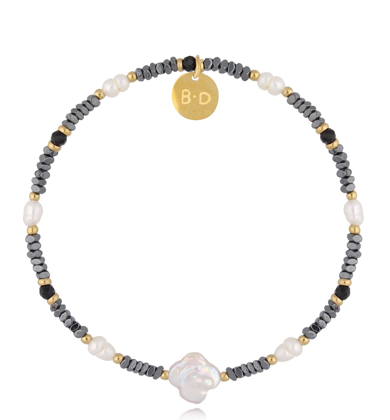 Bransoletka z koniczynką perłową i hematytami - By Dziubeka