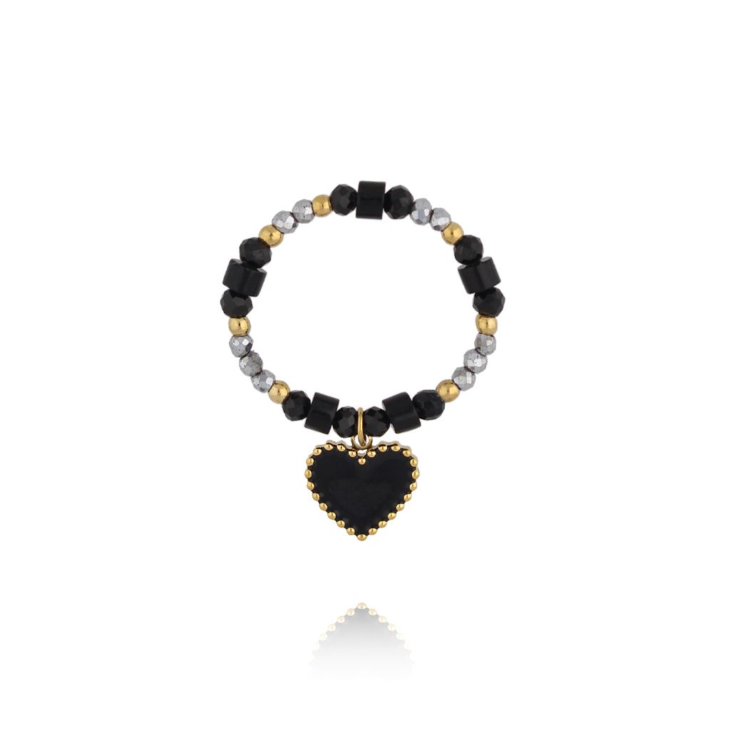 Pierścionek z czarnych kamieni z zawieszką serca - By Dziubeka