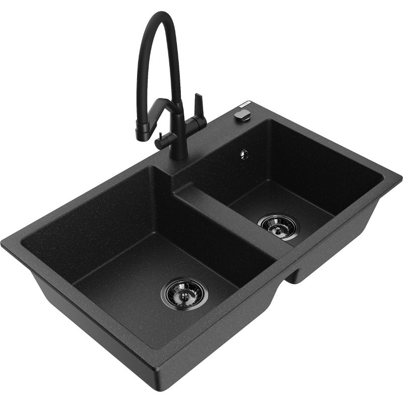 Zlewozmywak granitowy 2-komorowy Mexen Tomas z baterią kuchenną Duo czarny/złoty metalik - 6516-75-671701-70-B 1 szt.