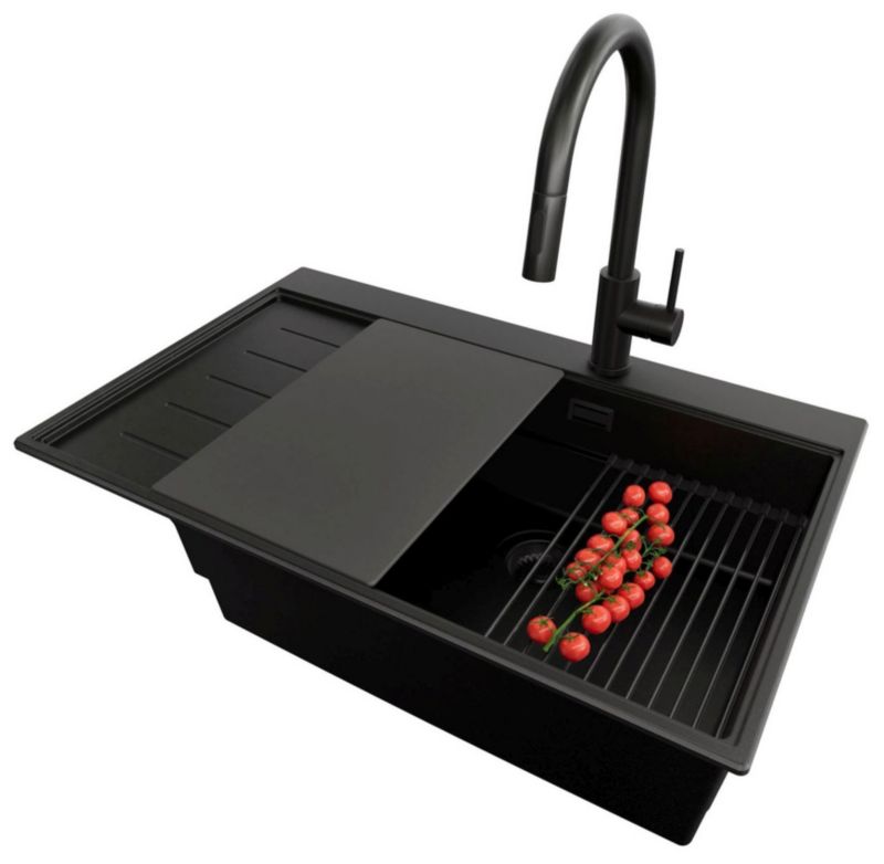 Zlewozmywak Granitowy Sydney PRIMAGRAN Nablatowy 78x50cm do szafki od 60cm, Cały Czarny + Bateria + Syfon + Akcesoria, , 1 szt.