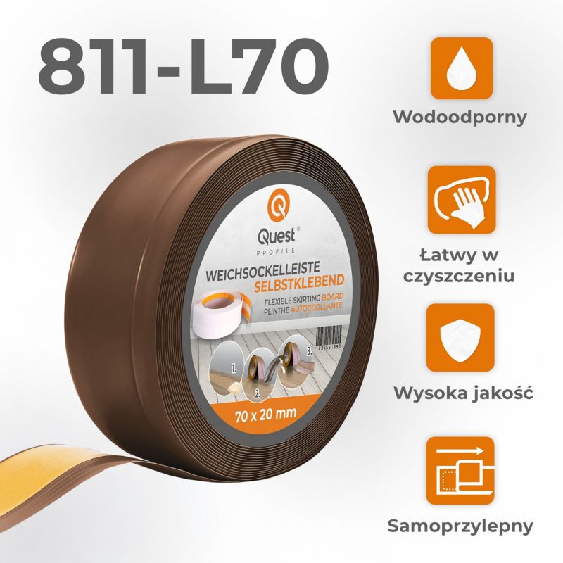 Listwa przypodłogowa PCV 70x20mm, QUEST, samoprzylepna elastyczna, miękka listwa podłogowa, cokołowa, brąz, 15m