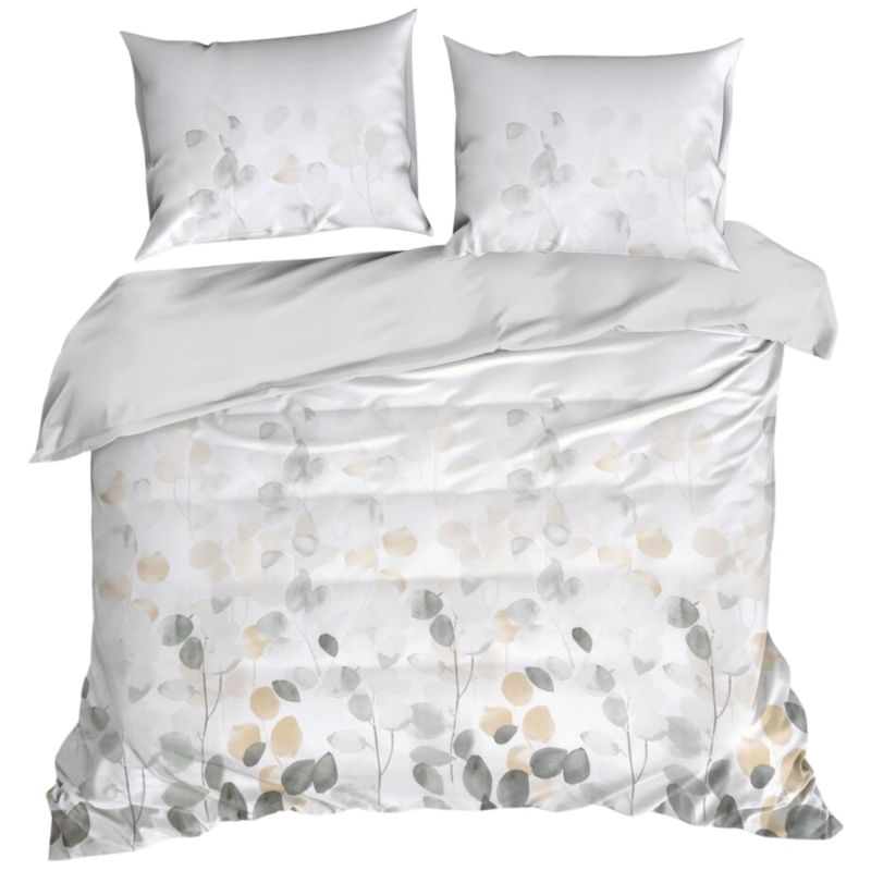 Pościel SPRING/94 Eurofirany 160x200 cm bawełna satynowa biało, stalowa z motywem liści 1 kpl