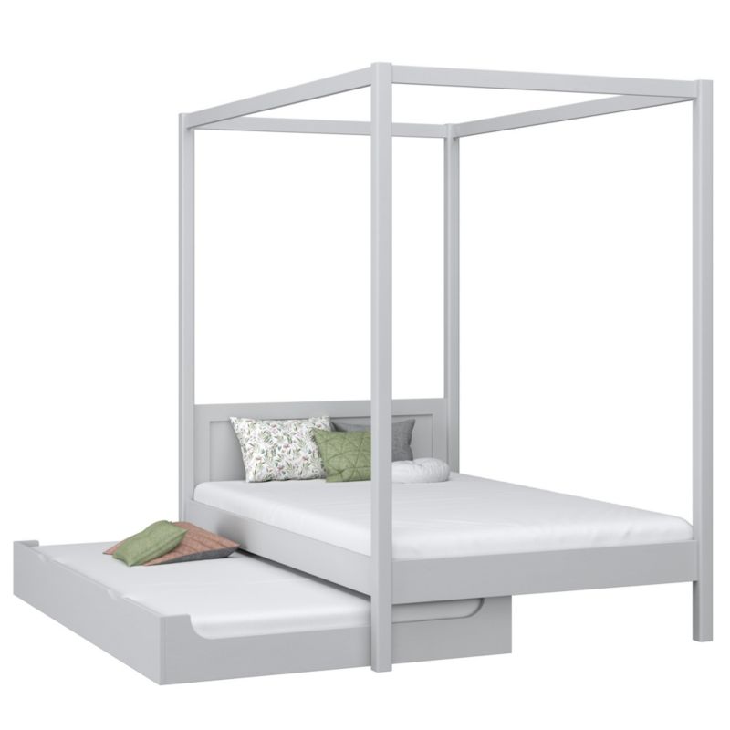 Drewniane łóżko N-WOOD pojedyncze z baldachimem i szufladą na dodatkowy materac N02 popielaty 120x200 1szt.