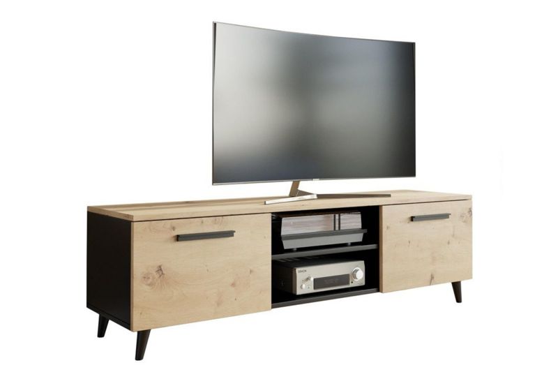 Szafka RTV Kobi BERGA 120 cm skandynawska, nogi drewniane - Czarny / Dąb Artisan 1 szt.