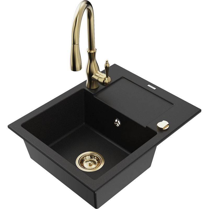 Zlewozmywak granitowy 1-komorowy Mexen Enzo z ociekaczem i baterią kuchenną Savita czarny - 6506-77-672601-70-B 1 szt.