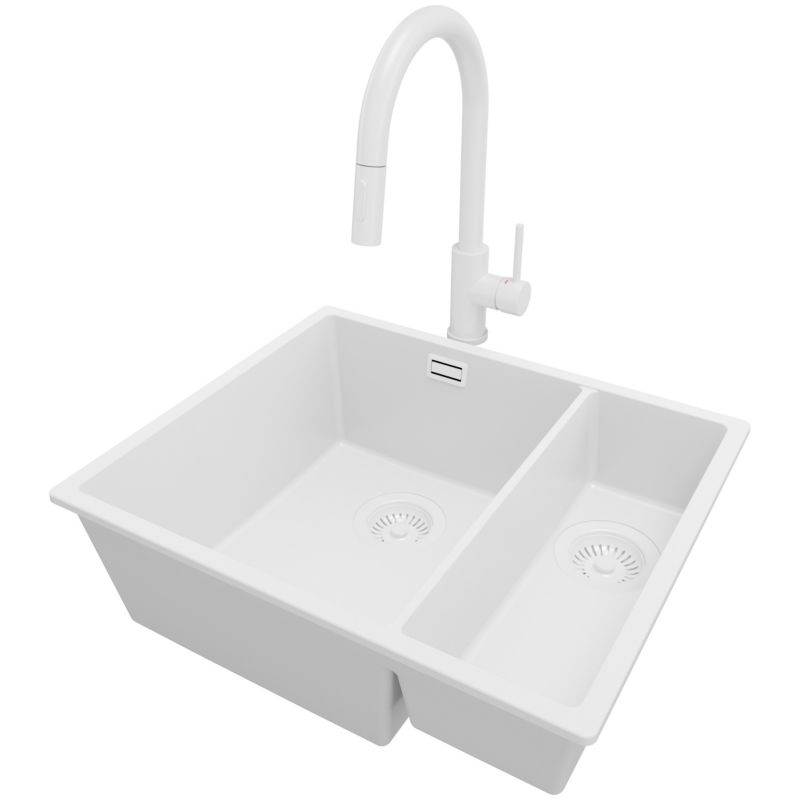 Zlewozmywak Granitowy Londyn Slim Duo PRIMAGRAN Nablatowy 56x47cm do szafki od 60cm, Cały Biały + Bateria + Syfon, S022, 1 szt.