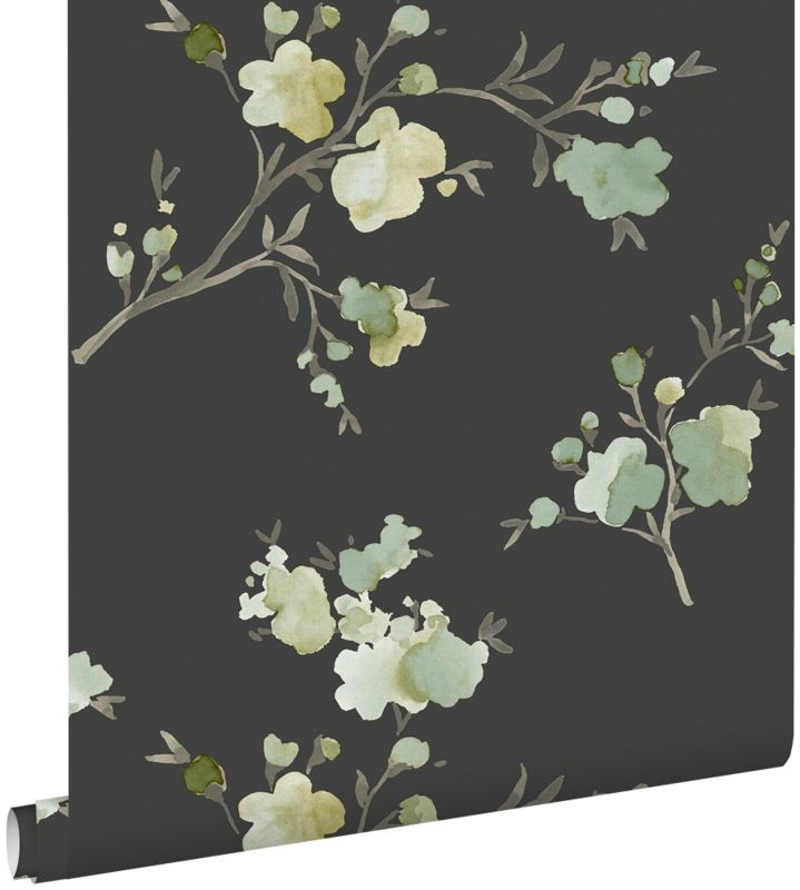 tapeta flizelinowa z ekoteksturą ESTAhome kwiaty wiśni zielonym,ochry żółtejIczarnym 53 cm x 10.05 m - 1 rol.