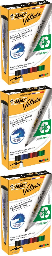 3x Marker suchościeralny Bic, Velleda, okrągła, 4 sztuki, 4.95mm, mix kolorów
