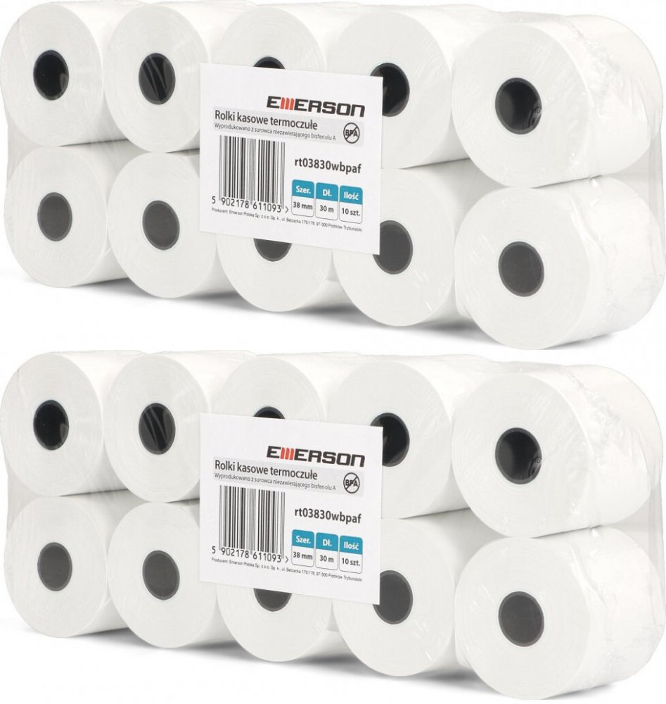 2x Rolka termiczna Emerson, 38mm x 30m, 50+/- 6g/m2, BPA Free, 10 sztuk, biały
