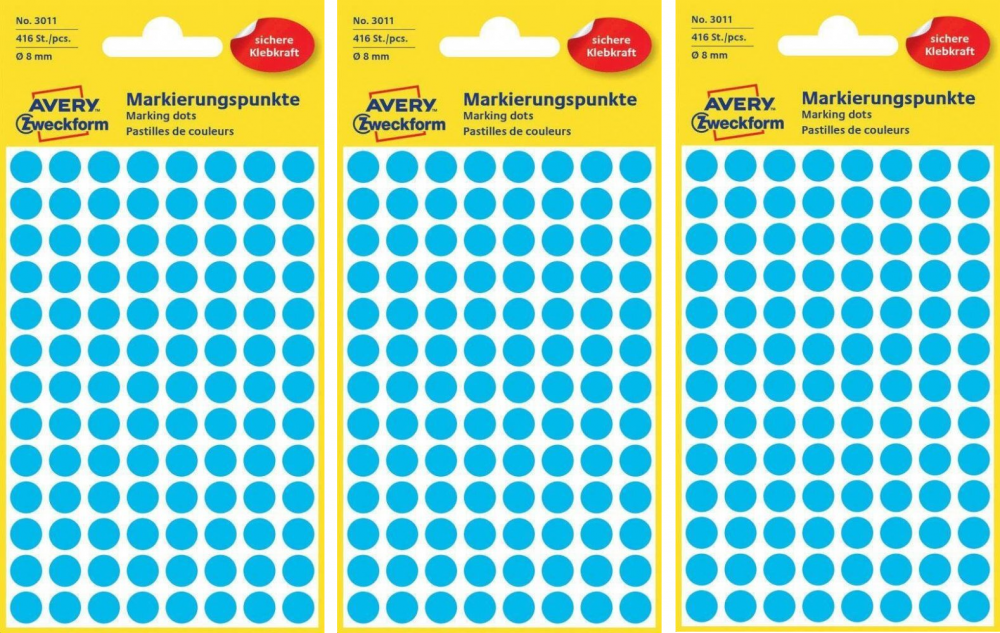 3x etykiety oznaczeniowe Avery Zweckform, okrągłe, średnica 8mm, 416 sztuk, niebieski