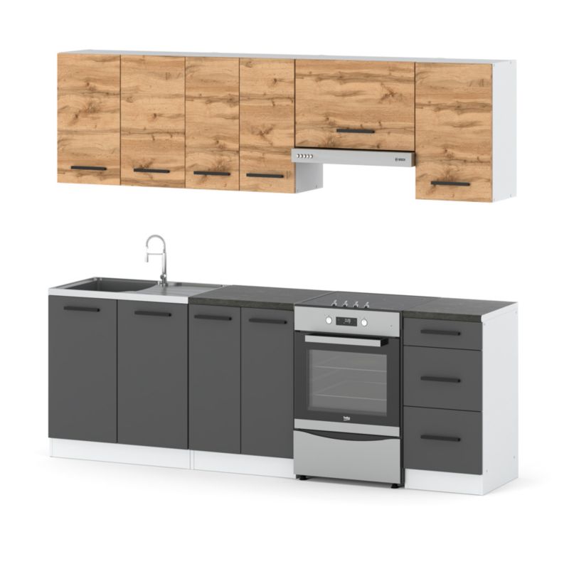 Zestaw Kuchenny Hurtownia-Mebli Z Blatem Kuchnia Mokka 240cm Biały Mat Dąb Wotan/Szary Mat 240x47x145 cm 1szt.