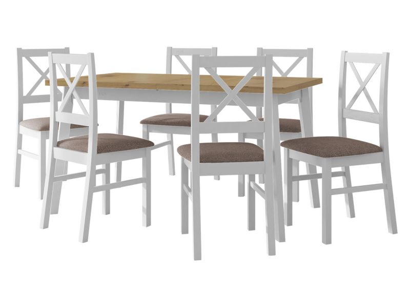 Zestaw DR11 MIRJAN 24 Stół rozkładany Oslo V 80x140/180 + 6 krzeseł Nilo 10 dąb artisan + biały + jasnobrązowa tapicerka 1 kpl.