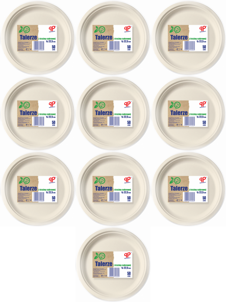 10x Talerze jednorazowe PP Professional, 23cm, trzcina cukrowa, 50 sztuk, biały
